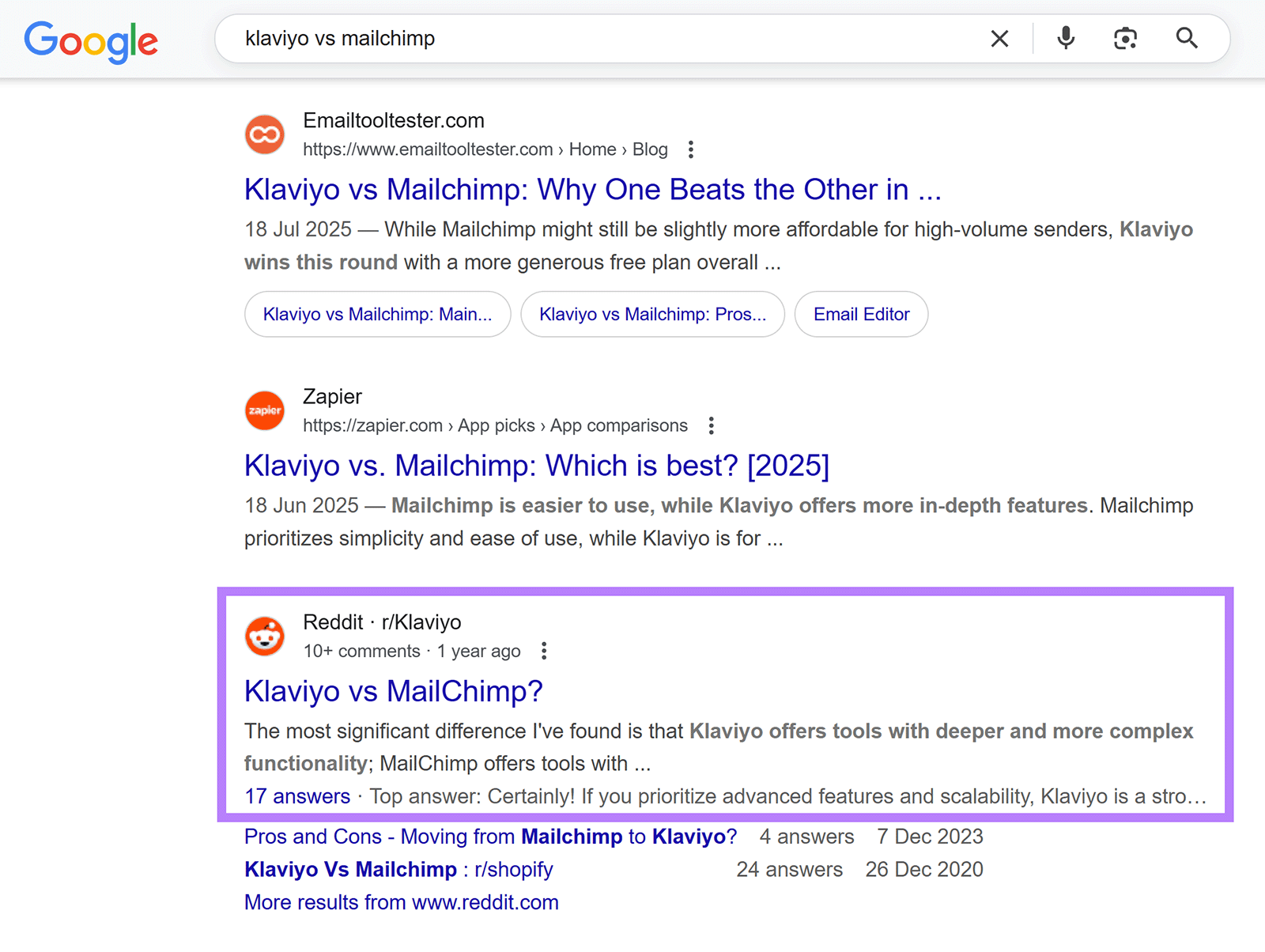 Google search results for "klaviyo vs mailchimp" with Reddit post highlighted.